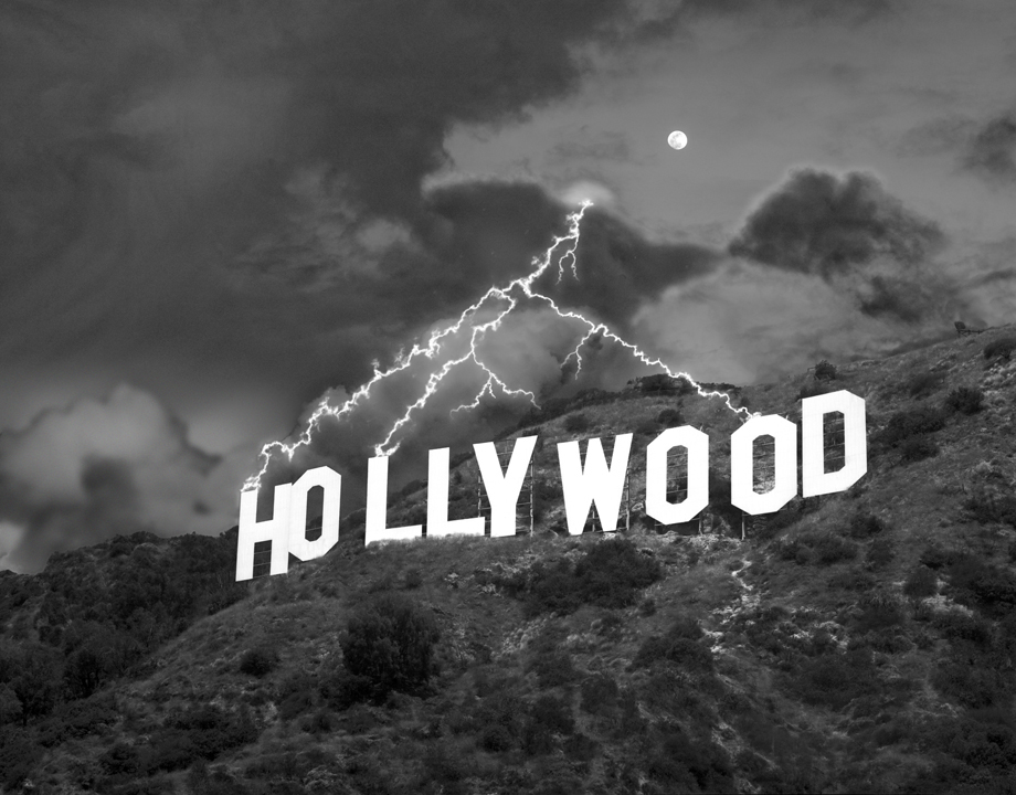 Fictional photograph of the Hollywood Sign called Storm over Hollywood during the strike